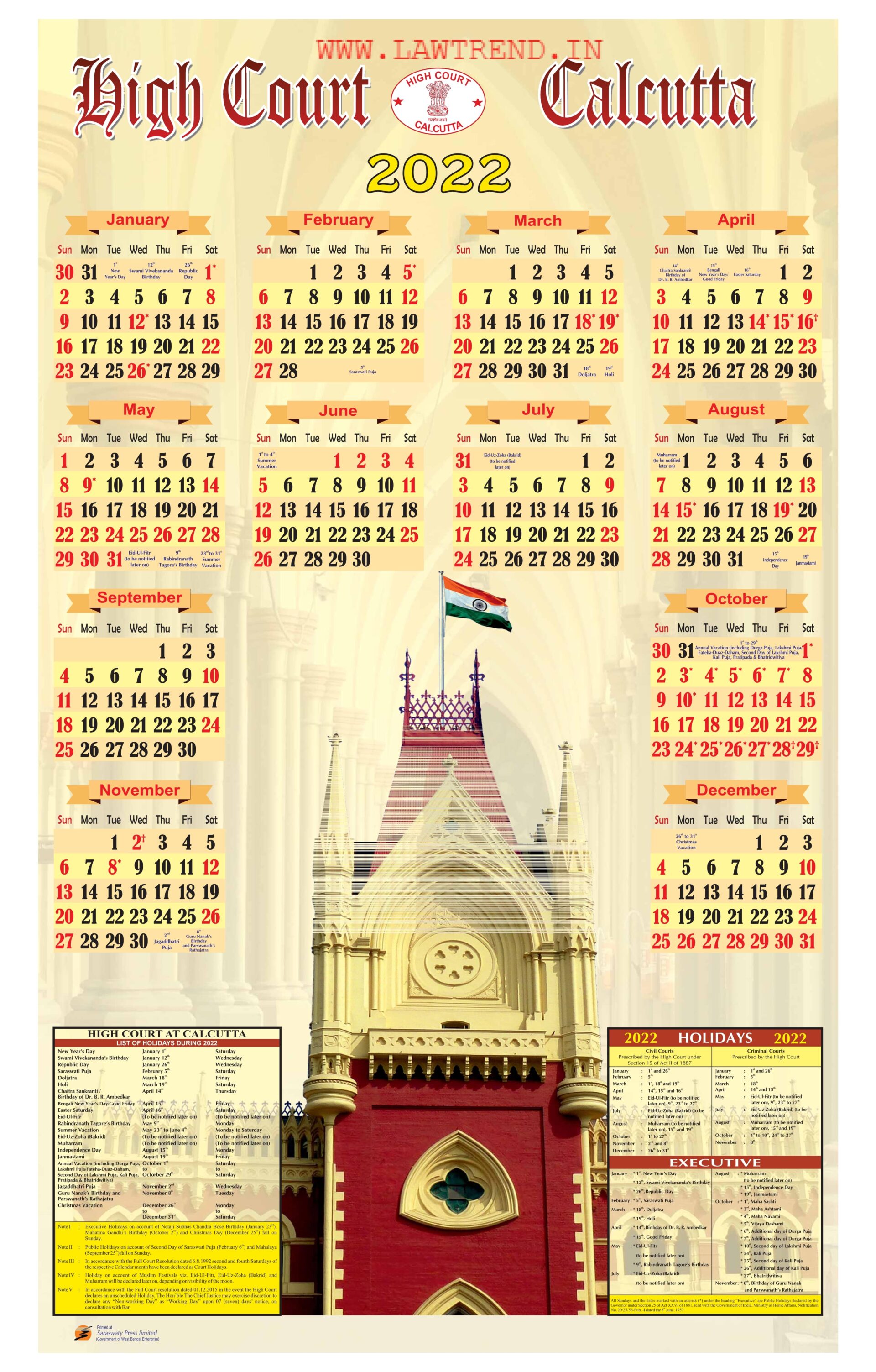 High Court Calcutta Calendar 2025 