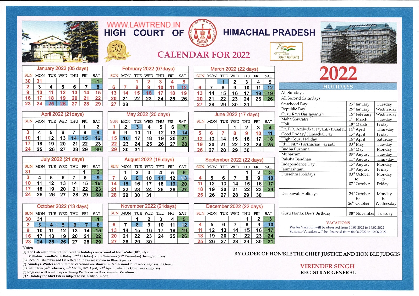 Download Himachal Pradesh High Court Calendar 2022 Law Trend