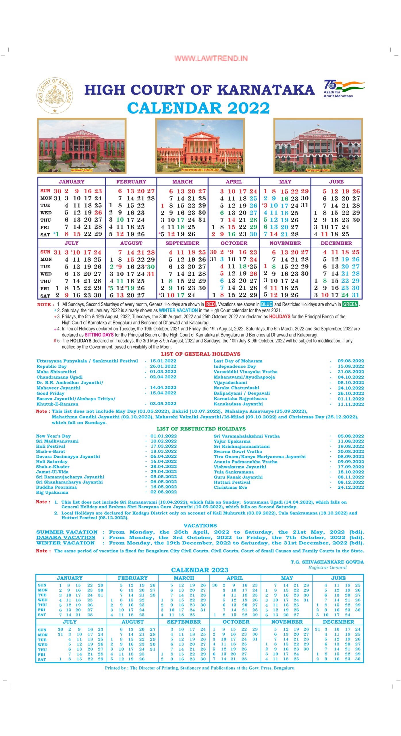 High Court Calendar 2025 Karnataka 