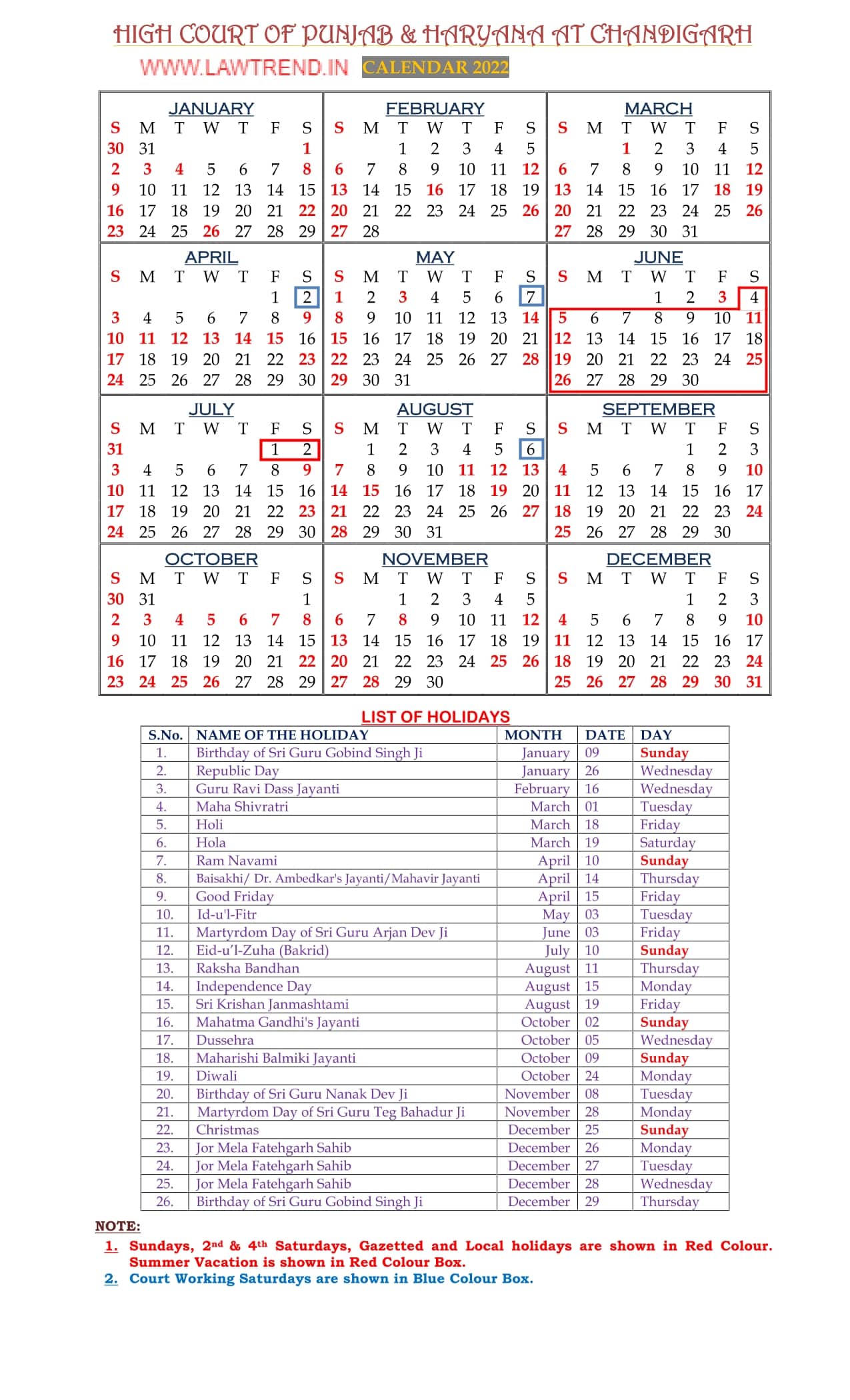 Download Punjab & Haryana High Court Calendar 2022 Law Trend