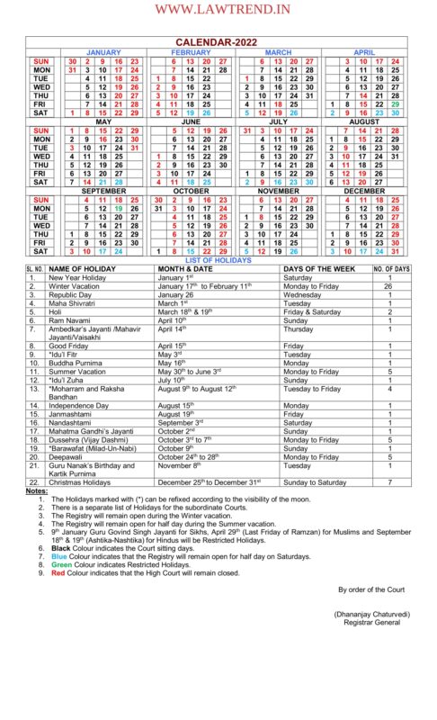 Download Uttrakhand High Court Calendar 2022 - Law Trend