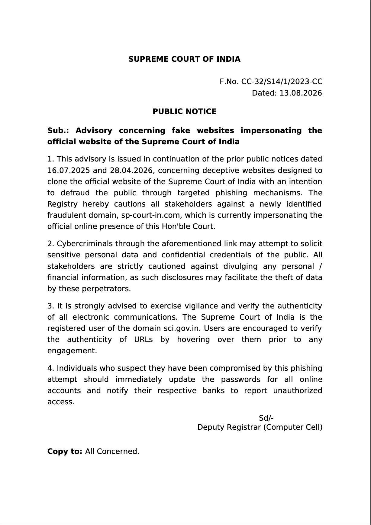 Supreme Court Warns Against Fake Website Impersonating Its Official Portal, Flags Phishing Risk 1 image